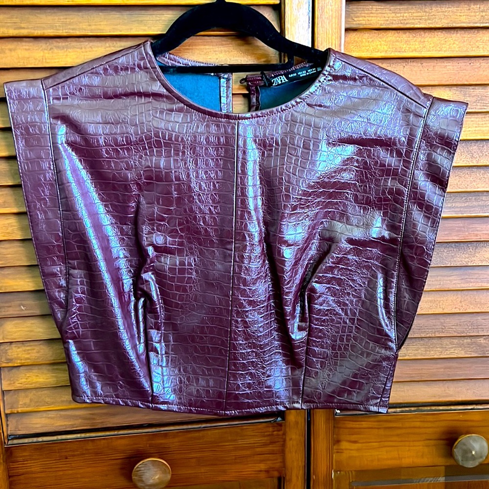 Zara Burgundy Faux Leather Animal Print Crop Top